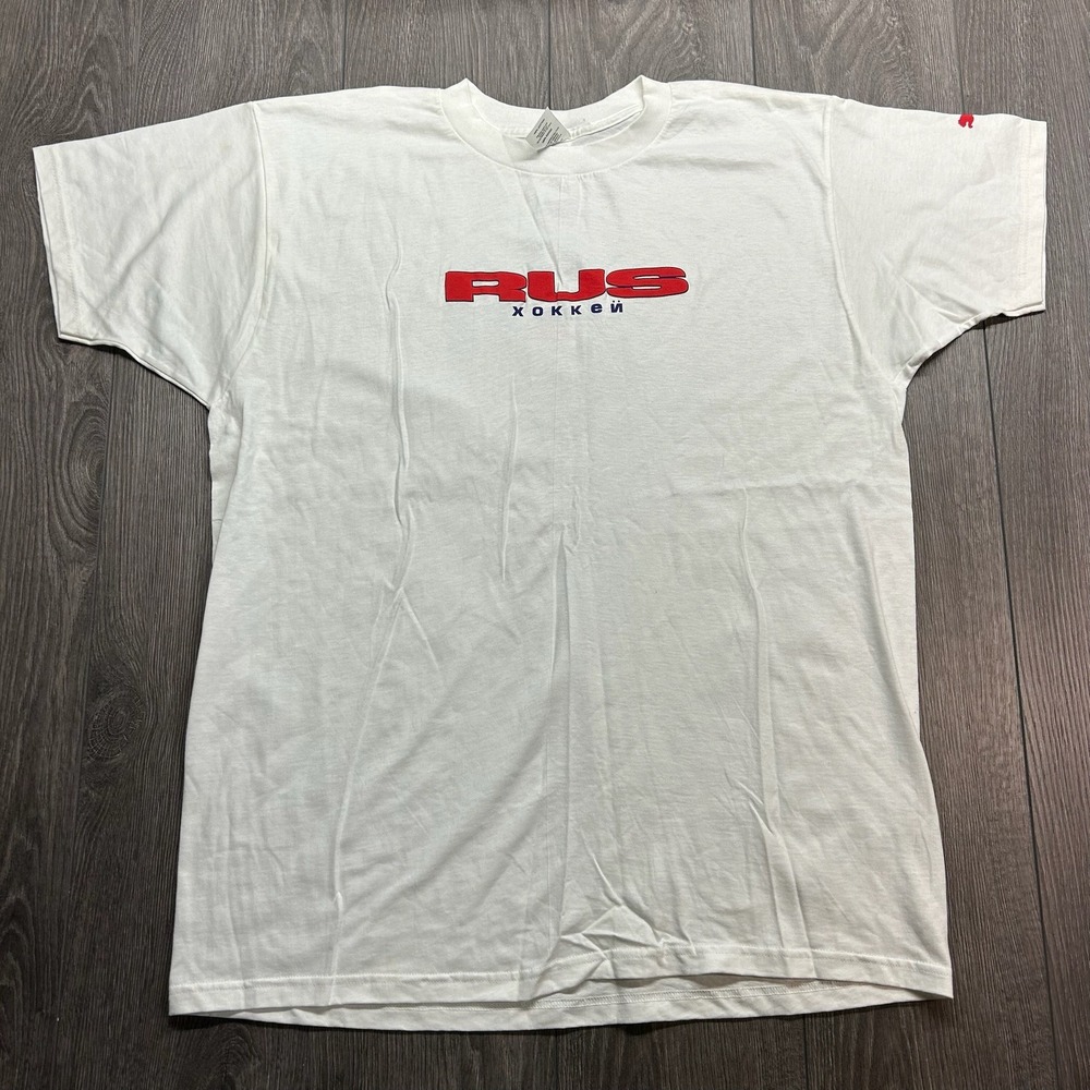 Vintage 90s Puma Russia Hockey T-Shirt Mens Large White Made in Canada Eagle Tee